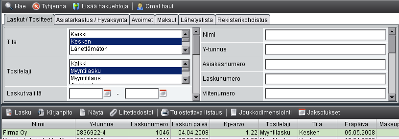 13.04.2008 Sivu 3(6) olevaa vierityspalkkia. Vastaavasti harvemmin käytetyt hakukentät voidaan uudelleen piilottaa painamalla Vähemmän hakuehtoja -painiketta.