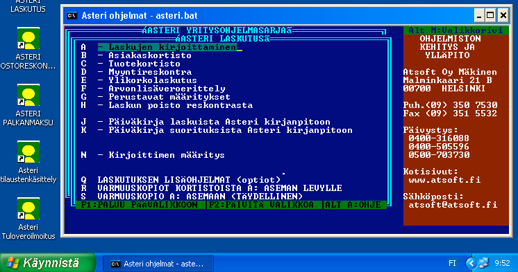Asteri Laskutus (Dos) Vuosipäivitys 11.10.2006 Päivityksen asentaminen... 4 EtäAsterin käyttö neuvonnassa... 6 Tulostaminen doswintu apuohjelmalla... 8 Tulostaminen Wordiin... 10 Windows XP ja Dos.