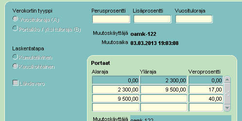 Verokortti: Anna verokortin alkamis- ja loppumispäivät sekä verokorttitiedot. Verokortin päivämäärätiedot annettava, muuten ohjelma ei päästä eteenpäin!