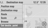 62 Navigointi Kun näytetään paikka- tai kohdekartta: 1. Aktivoi kursori valikkokohdasta Map scroll (Kartan vieritys), jos se ei vielä näy. 2. Siirrä kursori kartalla haluamaasi kohtaan.