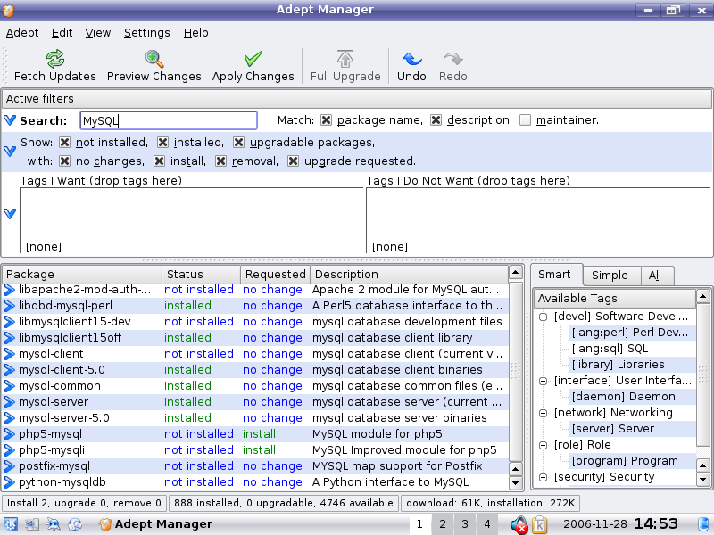 34 9.2 MySQL 9.2.1 Valmiista jakeluversion paketista Kuten lähes kaikki Kubuntun paketit, niin myös MySQL löytyy Adeptin kautta ja asennus käy yhtä helposti kuin Apachenkin.