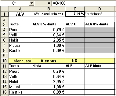 Lisäharjoituksia alv.xls Avaa uusi työkirja ja tallenna se nimellä alv.