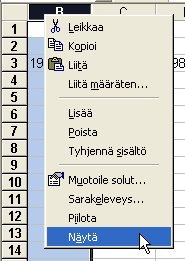 12. Kolmiulotteinen työkirja 12.1. rivit ja sarakkeet 12.1.1. rivikorkeuden tai sarakeleveyden muuttaminen - tartu hiiren vasurilla rivi- tai saraketunnusten välisestä ohuesta viivasta (hiiren osoitin kaksipäisenä nuolena) - vedä haluamaasi suuntaan 12.