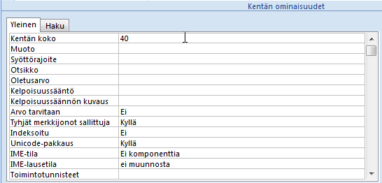 Tietokannat Microsoft Access 2007 18/25 Accessin tietotyypit Tietotyyppi Teksti Memo Luku Pvm.