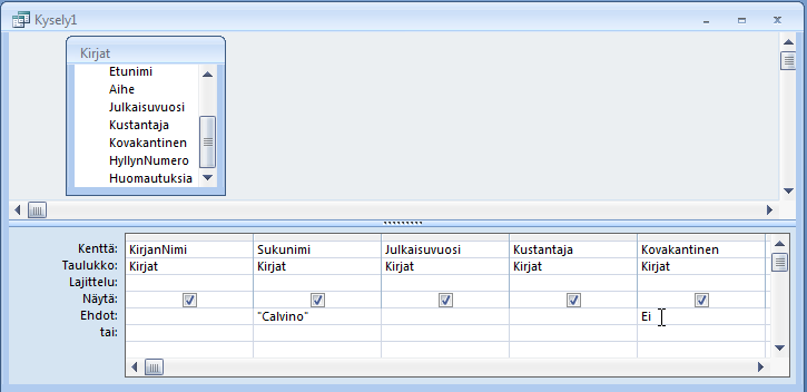 Tietokannat Microsoft Access 2007 20/25 Lisää seuraavaksi kyselyyn kaikki ne kentät, joista tarvitset tietoja tai joita käytät hakuehdoissa.