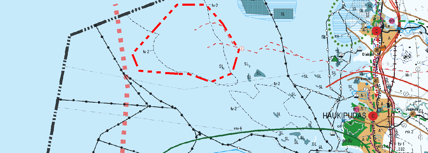 FCG SUUNNITTELU JA TEKNIIKKA OY Kaavaselostus, luonnos 13 (87) Kuva 4. Ote Pohjois-Pohjanmaan maakuntakaavan ja 1. vaihekaavan luonnoksen yhdistelmäkartasta (20.8.2012) sekä Suurhiekan merituulipuiston kaava-alueen rajaus punaisella pistekatkoviivalla esitettynä.