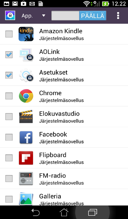 App Locker (Sovelluksen lukitus) -näyttö Siirrä liukusäädintä oikealle ottaaksesi Sovelluksen lukitsijan käyttöön ja aktivoidaksesi sovellusluettelon.