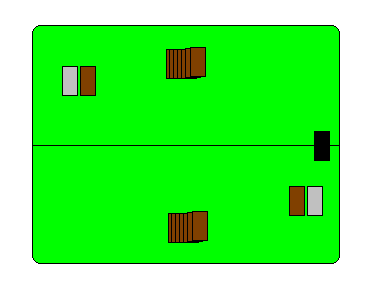 16 Kuva 2. Esimerkki Magicin pelipöydästä. Pelialue (vihreä) on jaettu selvyyden vuoksi pelaajien kesken kahtia. Oikealla alhaalla näkyy alemman pelaajan pakka (ruskea) ja poistopakka (harmaa).