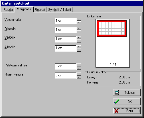2.2Marginaaliasetukset Kartan asetukset ikkunan (ks.