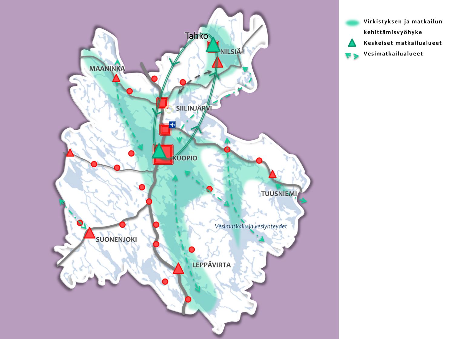 KUOPION TOIMINNALLISEN KAUPUNKISEUDUN RAKENNEMALLI LOIKKA 2030 16 Kuopio ja Tahko ovat koko maakunnan suurimpia ja vetovoimaisimpia matkailukeskuksia muodostaen matkailun kehittämisen ydinvyöhykkeen.