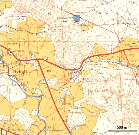 Kuvasarjassa 45 a-d esitetään ensin Wiialan luonnehdinta harjukylän asumakylän rakenteesta (a), Huljalan isojakokartta vuodelta 1794 (b), peruskartta vuodelta 1964 (c) ja alueen kuva Karttapaikalta