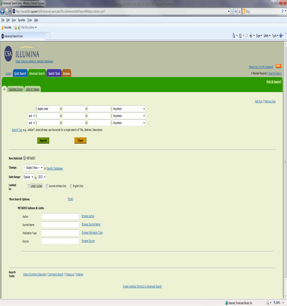 Viitetietokannat esimerkkinä ProQuest CSA:n osa-alue Metadex artikkeli-, konferenssiyms.