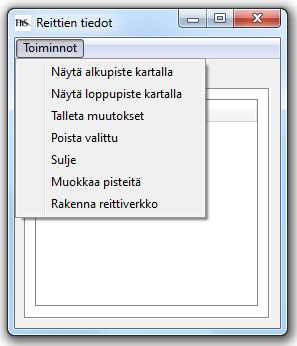 Reittien tiedot ikkunan Toiminnot valikko Kuva 18. Reittien tiedot ikkunan Toiminnot -valikko. Näytä alkupiste kartalla Keskittää kartan valitun reitin alkupisteeseen.