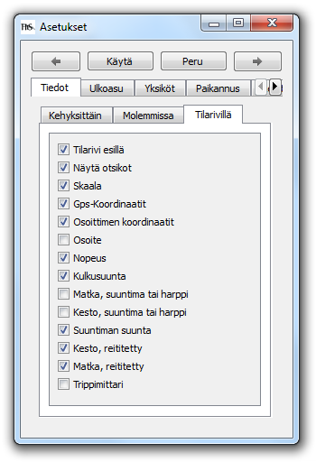 Tiedot Tilarivillä Voit valita onko alareunan tilarivi näkyvissä ja mitä tietoja siinä näytetään. Kuva 21. Asetukset ikkunan Tiedot Tilarivillä välilehti.