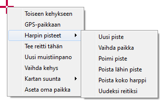 Hiiren kakkospainikkeen napautus kartan päällä avaa ponnahdusvalikon. Mobiililaitteissa ponnahdusvalikko avautuu karttakehyksen vasemmassa alakulmassa olevasta osittain läpinäkyvästä kuvakkeesta.