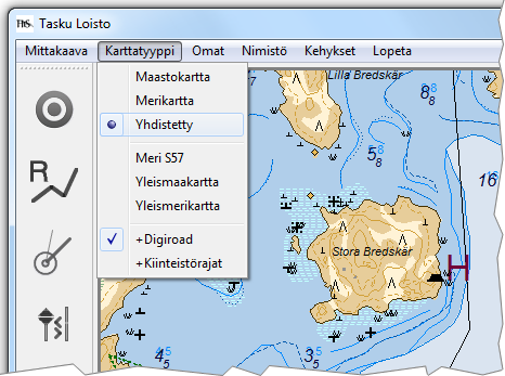 Kuva 8. Karttatyyppi valikko. Kuvassa karttatyypiksi on valittu yhdistetty meri- ja maastokartta.