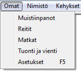 Omat Omat valikosta pääset muokkaamaan itse tekemiäsi muistiinpanoja ja reittejä sekä valitsemaan ohjelman asetuksia. Kuva 9. Omat valikko.