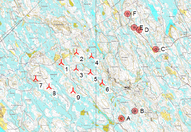 FCG SUUNNITTELU JA TEKNIIKKA OY Kaavaselostus 56 (66) Kuva 33 Melumallinnus kohteittain A-F Laaditun melumallinnuksen mukaan Tynnyrivaaran tuulivoimapuiston meluvaikutukset lähimmille