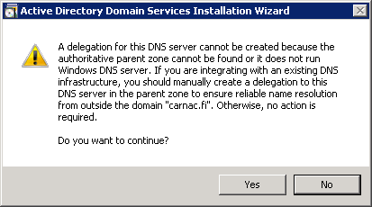16 Kuvio 10. DNS-palvelun asennus. Seuraavaksi aukeaa varoitusikkuna, joka kertoo, ettei DNS-palvelua voi asentaa, sillä ensisijaista DNS-palvelinta ei löydy (kuvio 11).