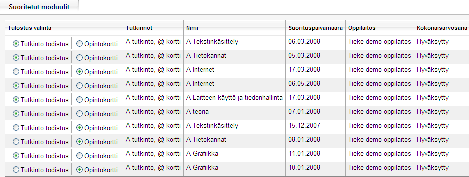 19 (21) Opintokortti tulostetaan Tulosta opintokortti painikkeella TIEKEn toimittamalle opintokorttipohjalle.