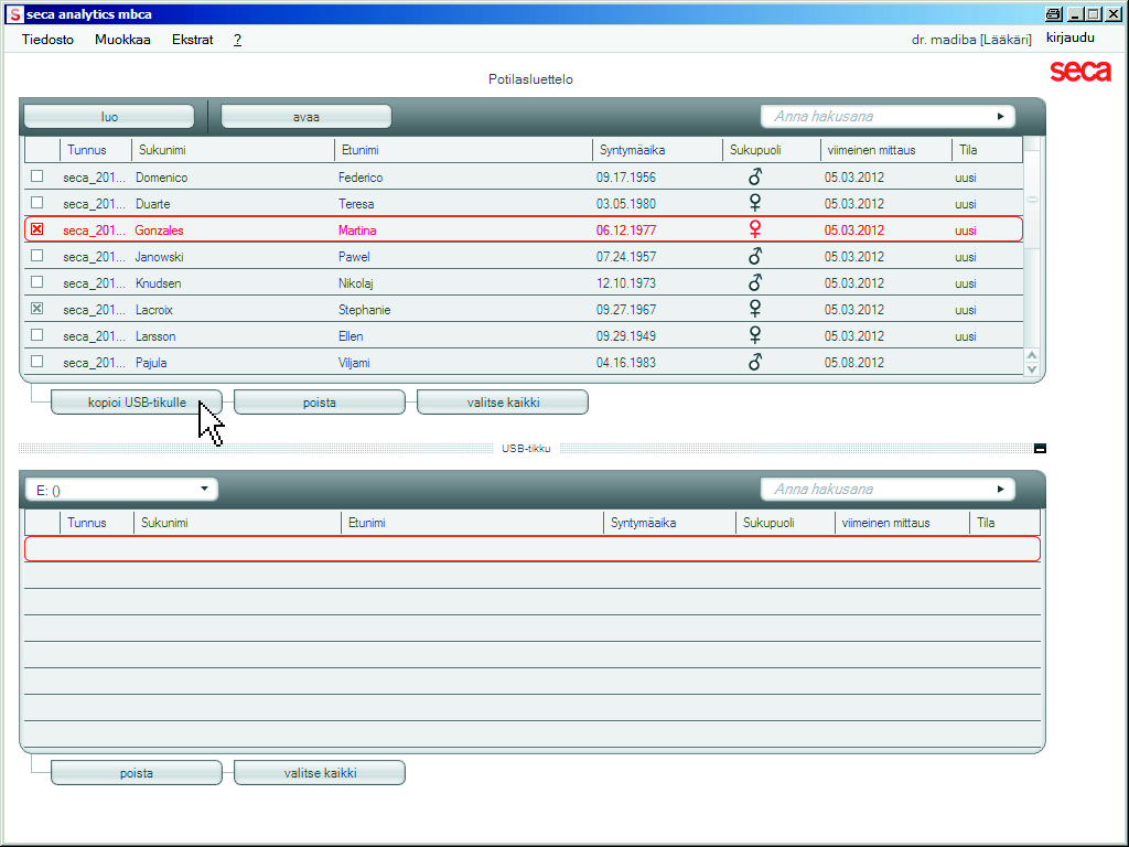 Suomi Potilaskorttien kopiointi USB-tikulle Kun haluat työskennellä potilaskorteilla seca mbca - laitteessa ja laitteeseen ei ole langatonta tai Ethernetyhteyttä, voit käyttää alustettua