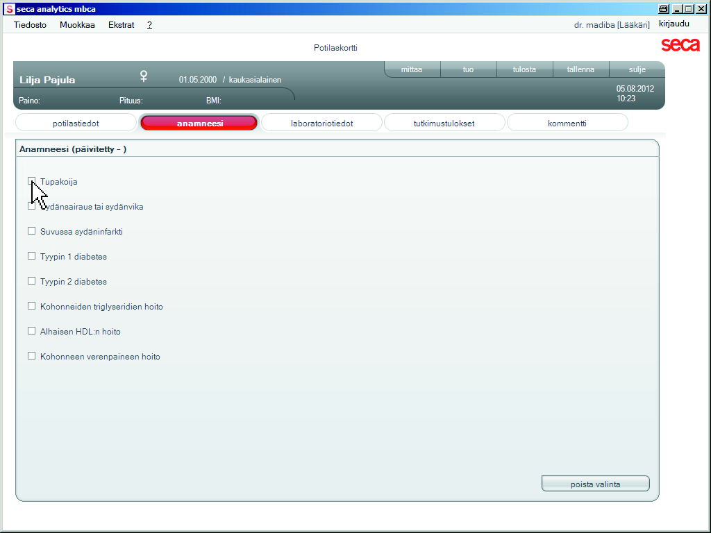 Suomi Anamneesin antaminen Tälle välilehdelle voidaan merkitä perussairauksia tai jo aloitettuja hoitoja. Nämä tiedot huomioidaan mittaustulosten analysoinnissa (ks. Tulosten arviointi sivulla 39). 1.