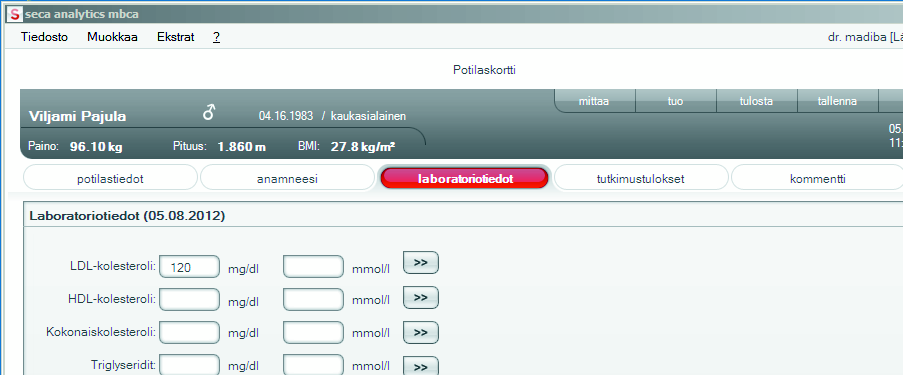 Laboratoriotietojen kirjoittaminen Laboratoriotietojen välilähdelle voit merkitä ajankohtaiset laboratoriotiedot sekä potilaan vyötärönympäryksen ja seurata historiaa.