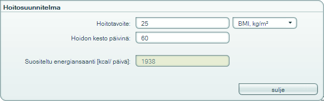 Rasvamassa Hoitosuunnitelma Energiamoduuli toimii ravitsemusneuvonnan perustana. Moduuli sisältää hoitosuunnitelman.