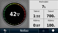 Karttasivujen käyttäminen Ajotietokonesivun avaaminen Käännösluettelon tarkasteleminen Ajotietokone näyttää ajonopeuden ja antaa matkaa koskevia tietoja.