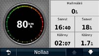 Karttasivujen käyttäminen Ajotietokonesivun avaaminen Voit nollata enimmäisnopeuden valitsemalla Palauta > Noll. maks.. Voit nollata polttoainehinnan valitsemalla Palauta > Nollaa polttoaineh.