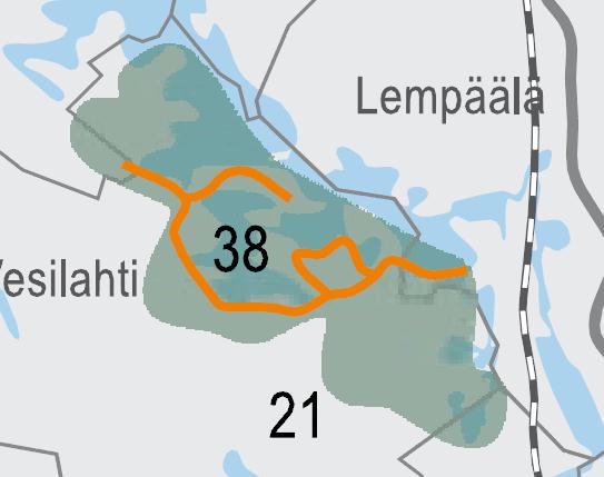 8 (35) Kuva: Valtakunnallisesti arvokkaan maisema-alueen (Vesilahden kulttuurimaisemat) rajaus turkoosilla ja maakunnallisesti arvokkaan maisemanähtävyyden ja maisematien (Klaus Kurjen tie)