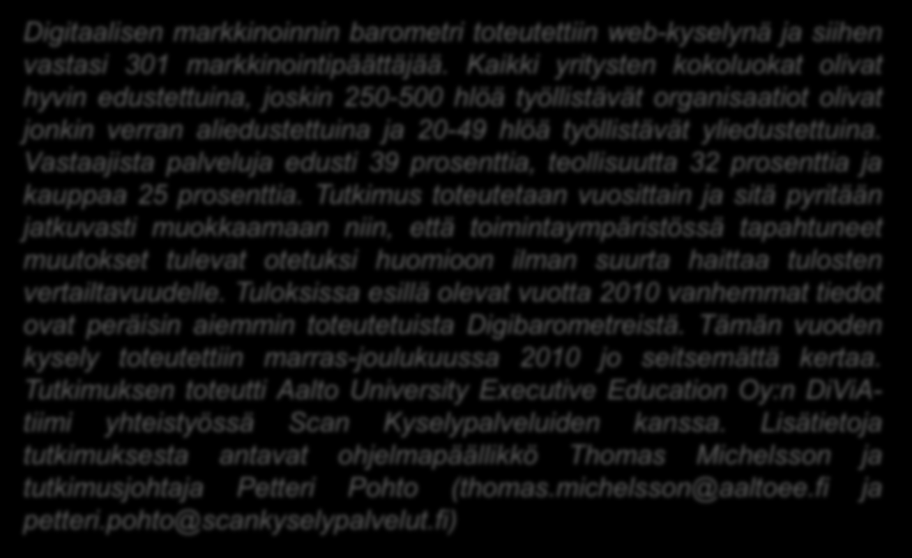 TUTKIMUKSESTA Digitaalisen markkinoinnin barometri toteutettiin web-kyselynä ja siihen vastasi 301 markkinointipäättäjää.