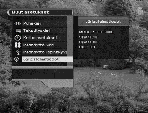 notin Valikkojen käyttäminen Infonäytön-läpinäkyvyys Valitse infonäyttö-läpinäkyvyystyyppi (0, 20, 40, 60 tai 80 %) Järjestelmätiedot