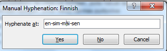 Word 2013 Asiakirjan laatiminen ja muokkaaminen 7 5. Valitse tarvittaessa Hyphenation zone (Tavutusalue): tavutusalue on alue rivin lopussa, jolta Word etsii tavuviivan paikan.