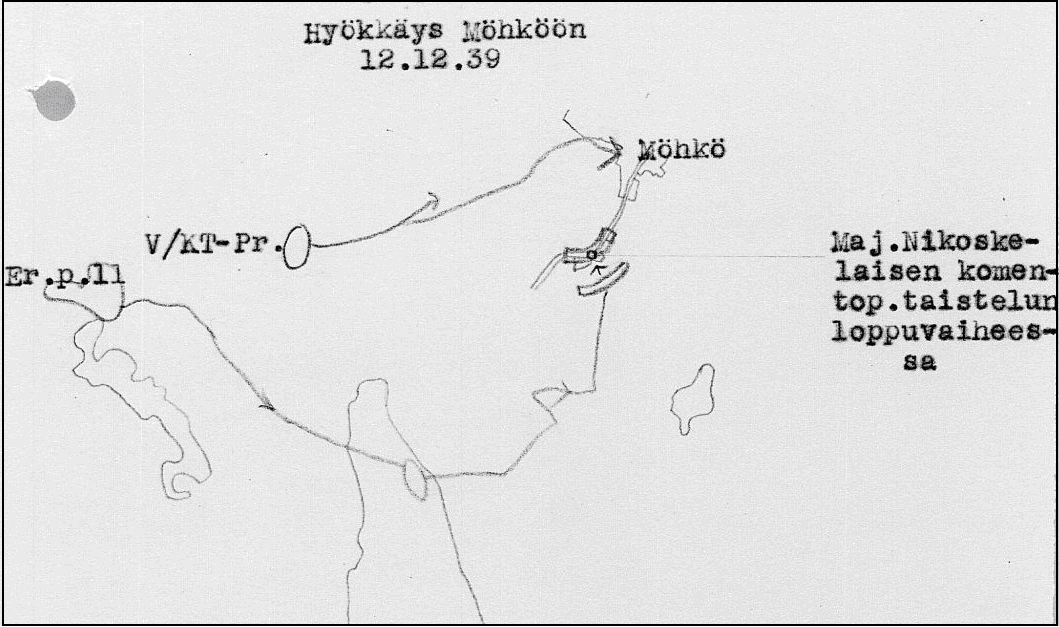 Peitepiirros 1. Osasto A:n hyökkäyksestä Möhköön 12.12.1939. Lähde: Osasto A:n sotapäiväkirja 12.12.1939. Spk. 2420, KA. Illalla joulukuun 12.