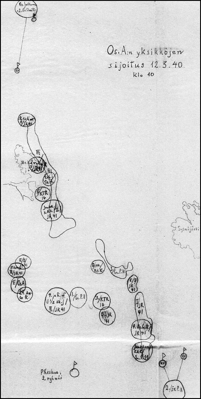 määrävahvuisena komppaniana II/JR41:n ja sijoittaa yli jääneet miehet saman pataljoonan muihin komppanioihin täydennyksenä. 190 Peitepiirros 6. Luonnos Osasto A:n ryhmityksestä 12.3.1940.