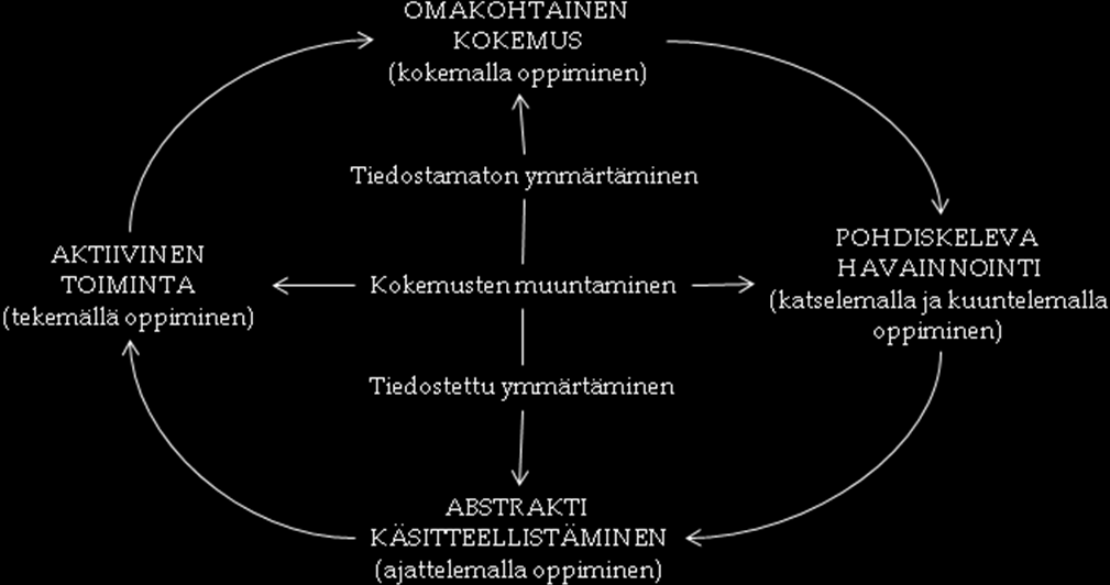 43 KUVIO 8 Kokemuksellisen oppimisen malli (Kolb 1984, 42). Kolbin kokemuksellisen oppimisen malli perustuu kahteen ulottuvuuteen.