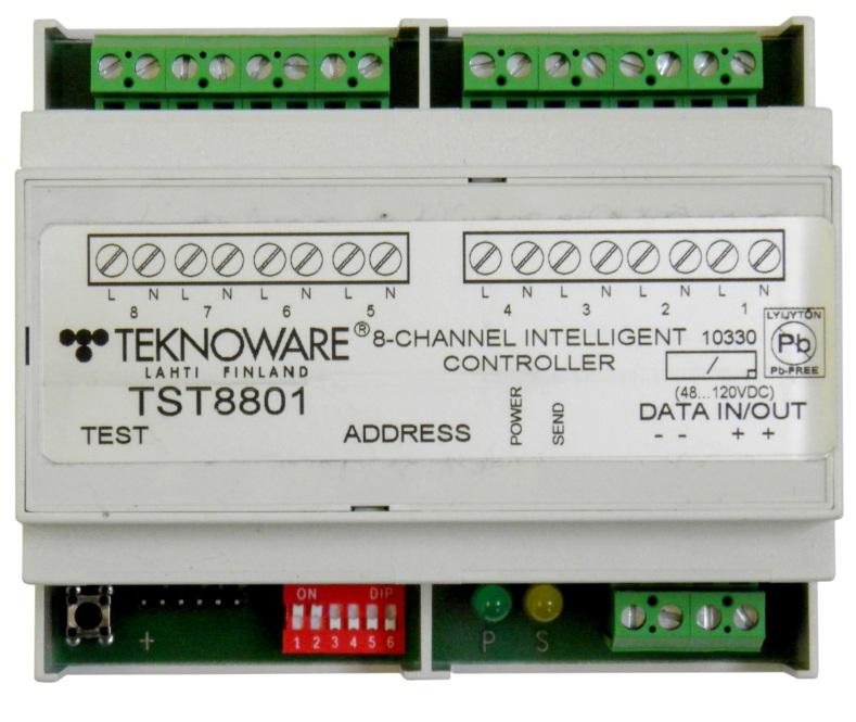 2.2 TST8801 IC Input-moduulien asentaminen TST8801-moduuli tulee asentaa sähkökaapin sisälle tai vastaavaan turvalliseen paikkaan. TST8801 on asennettavissa DIN-kiskoon. HUOM!
