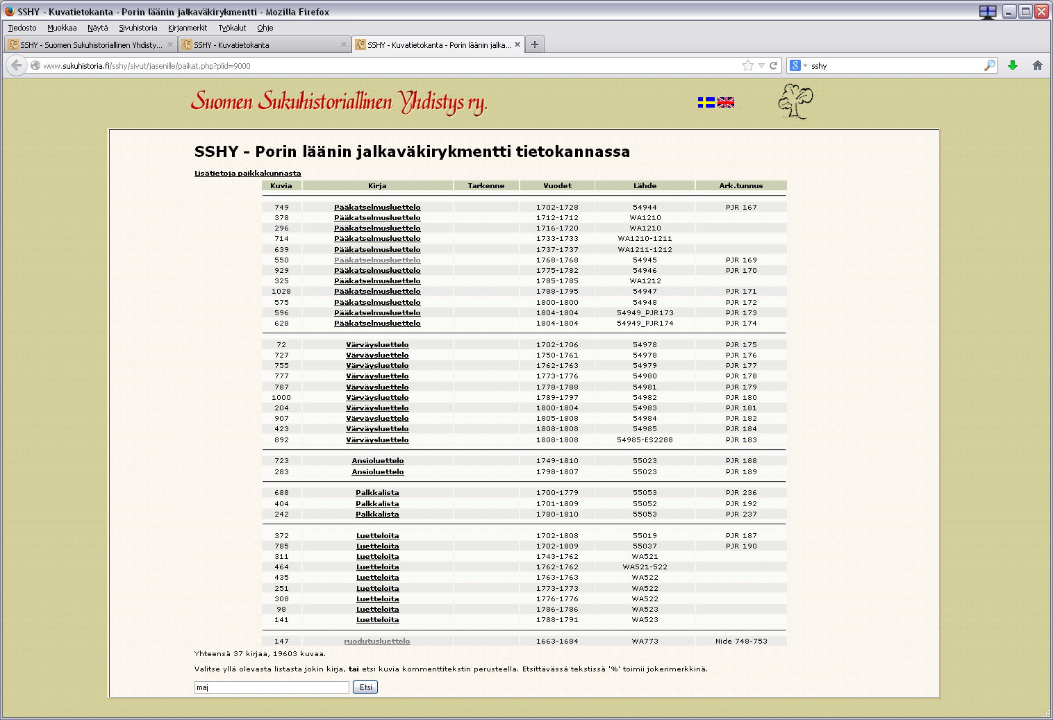 SSHY, digiarkisto. Jäsensivut Kuvatietokanta Sotilasasiakirjoja PJR etsi hakusana maj.