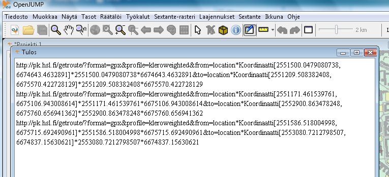 Tulos ei tällä kertaa näy kartalla, koska OpenJUMP ei osaa avata GPX-tiedostomuodossa tulevia reittiohjeita.