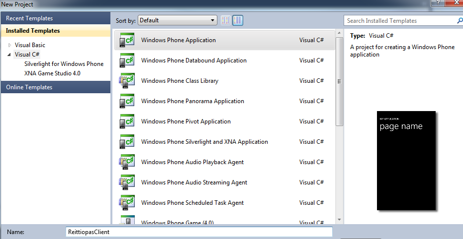 11 2.4 Windows Phone 7 -sovelluksen luominen Kun kehitystyökalut on asennettu, voidaan uusi Windows Phone -projekti luoda Visual Studiossa.