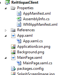 12 Kuva 4. Windows Phone -sovelluksen tiedostot. Kehittäjälle tärkeimmät tiedostot ovat MainPage.xaml ja MainPage.xaml.cs. MainPage.xaml-tiedostoon luodaan sovelluksen käyttöliittymä ja se koostuu Silverlightin xaml-kielestä.