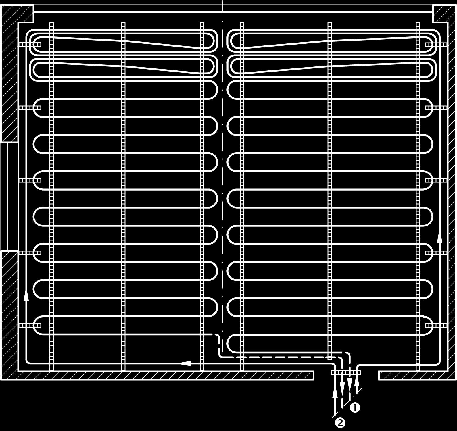 Basic -järjestelmät Sovellus Sovellus BasicRail huoneisiin, joissa ikkunat ulottuvat lattiaan Huone, jossa ikkunat ulottuvat lattiaan Lämmityspiiri 1 Lämmityspiiri 2 Merkkien selitykset