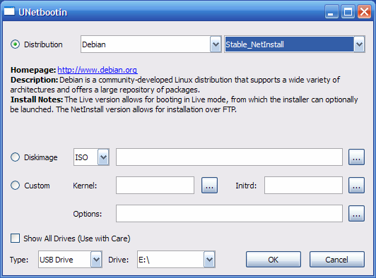 5 KUVA 3. Kuvakaappaus UNetbootin-ohjelmasta. Valitaan distribuutioksi Debian ja asennustyypiksi Stable_Netinstall.