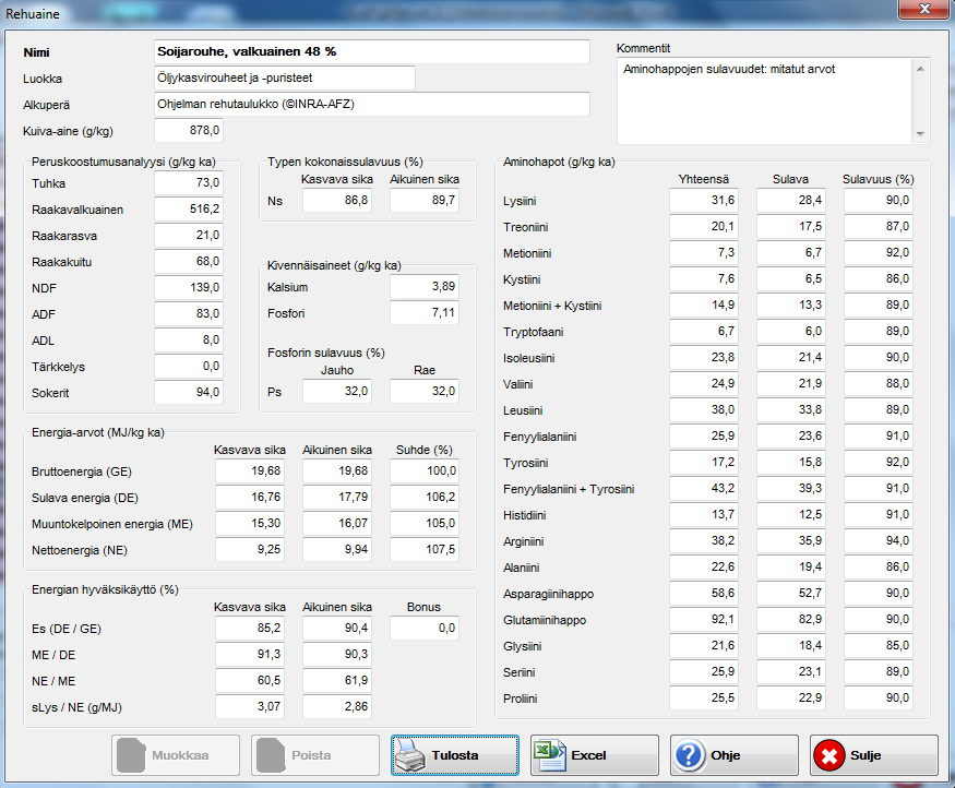 3.2 Rehuaineen katselu Rehuaineen koostumustietoja ja rehuarvoja voi katsella valitsemalla rehuaineen listasta ja joko tuplaklikkaamalla sitä tai klikkaamalla Katsele-näppäintä.