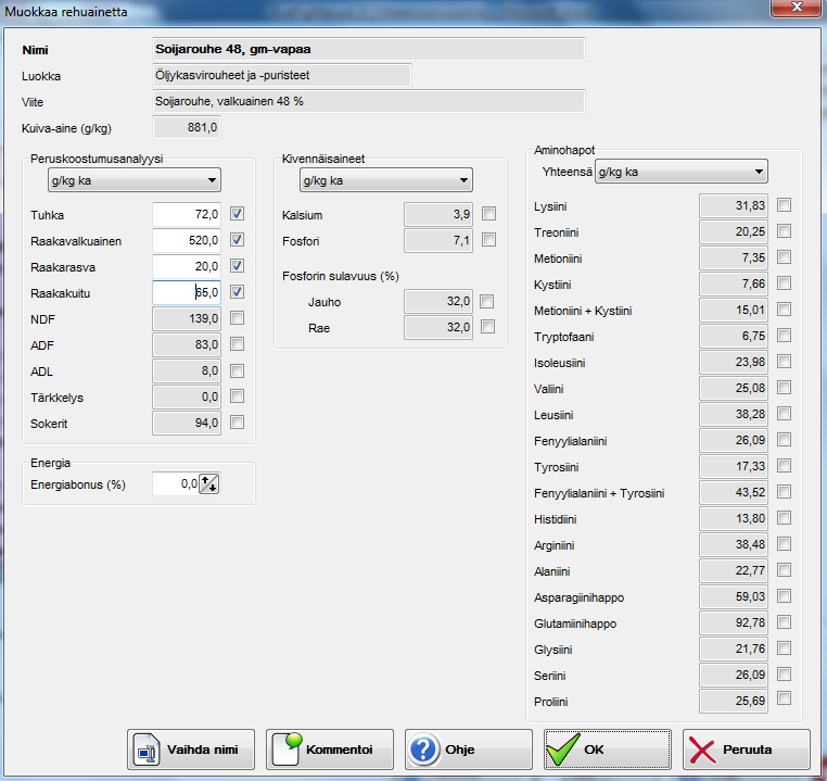 3.4 Rehuaineen muokkaaminen Rehuaineen muokkaamisen valikko avataan klikkaamalla Muokkaa-painiketta Rehuaineen katselussa.