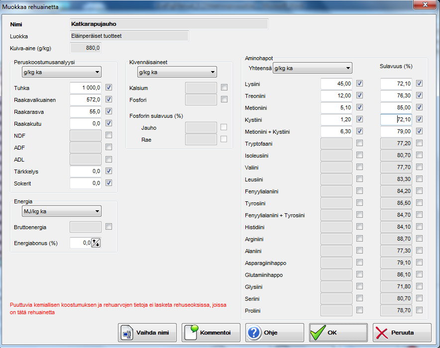 Kuvio 4. Rehuaineen muokkaamisen lomake rehuaineelle, joka on luotu vain kemiallisen koostumuksen perusteella. Lomake näyttää kemiallisen koostumuksen ja muut muokattavissa olevat arvot.
