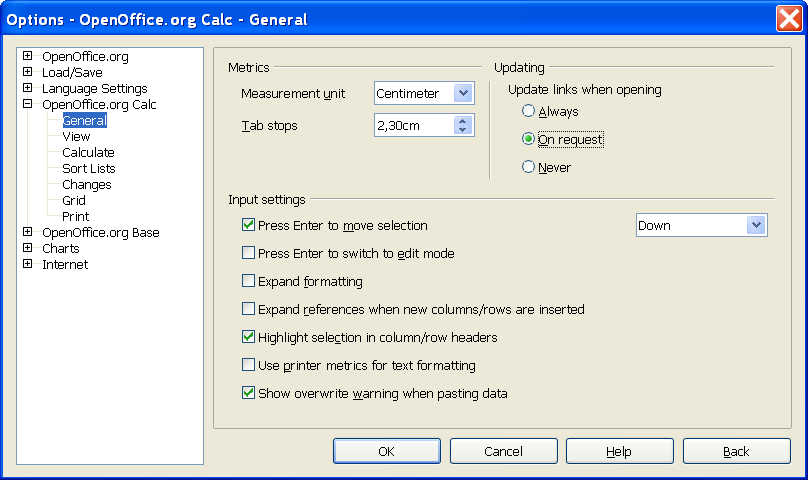 Openoffice.org perusteet 10 (35) 24. osoita ja valitse vasemmasta laidasta Openoffice.org Write alta general 25. vaihda measurement unit kohtaan centimeter 26. vaihda tab stops kohtaan 2,3 cm 27.
