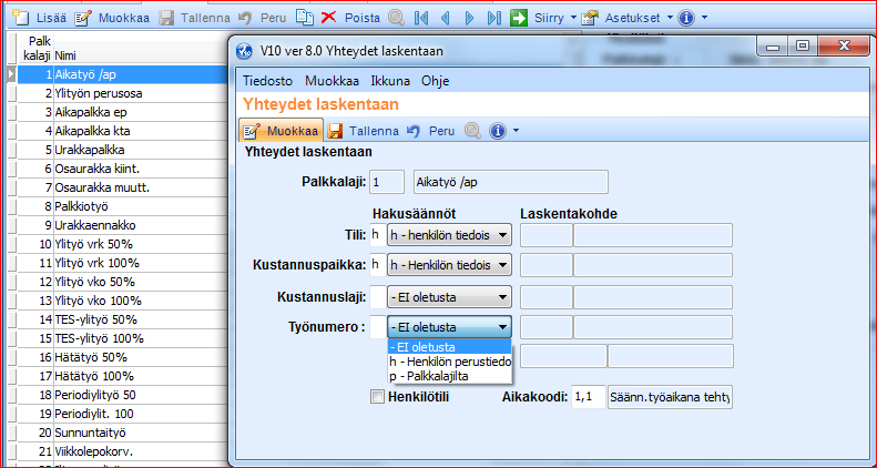 Työnumero tapahtumille Palkkalajin ohjauksiin voidaan