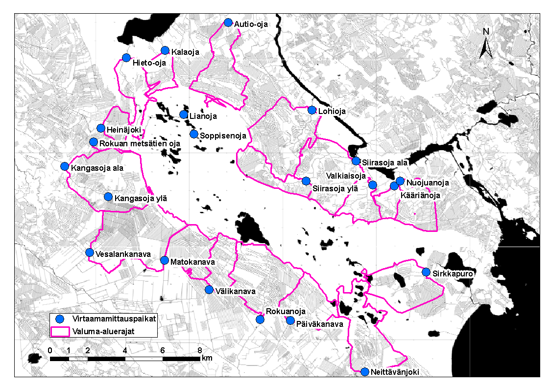 4 Hydrologia 4.1 Ojavirtaamat Koko harjualueen kattavia virtaamamittauksia tehtiin aikavälillä 11.3.2009 27.10.